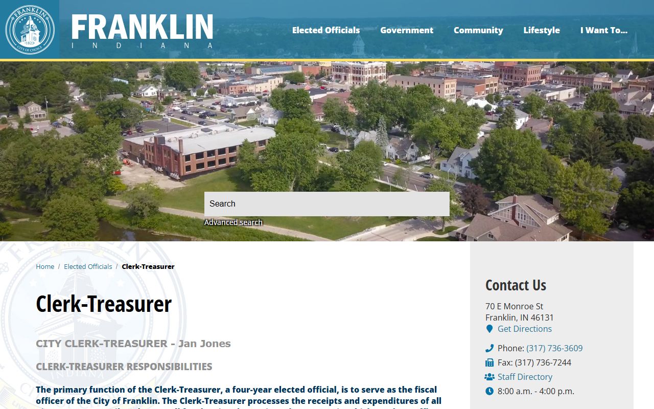 Franklin Indiana Clerk-Treasurer page for Franklin unclaimed money