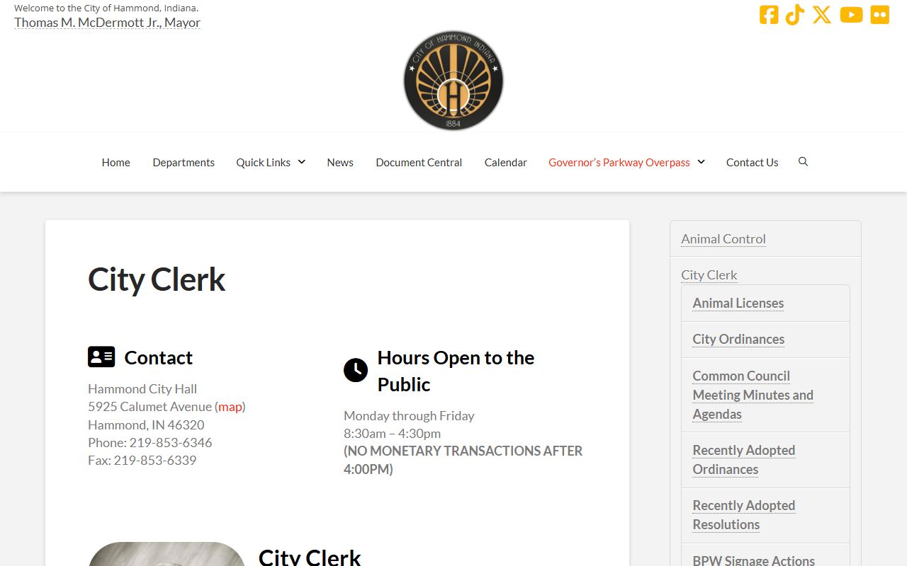 Hammond City Clerk page for Hammond unclaimed money