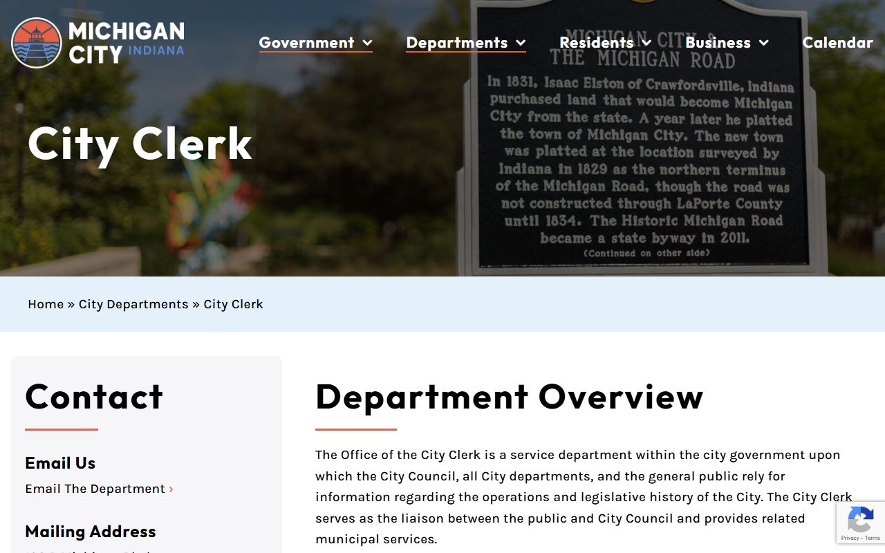 Michigan City City Clerk page for unclaimed money contact information