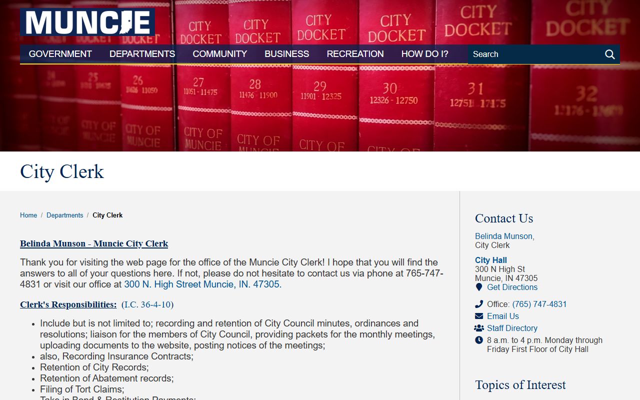 Muncie City Clerk page for unclaimed money contact information