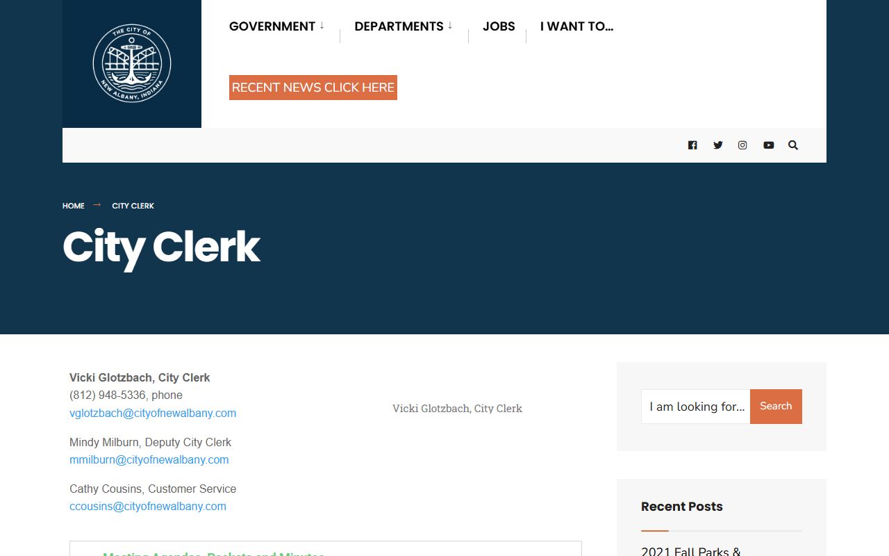 New Albany Indiana City Clerk page for unclaimed money contact information