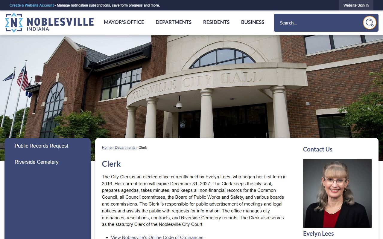 Noblesville City Clerk page for unclaimed money contact information