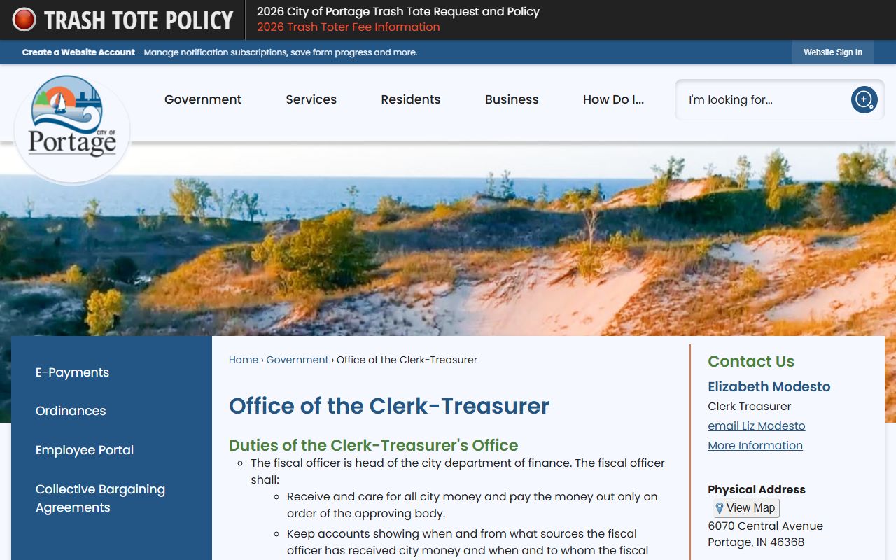 Portage Clerk-Treasurer office for Portage unclaimed money inquiries
