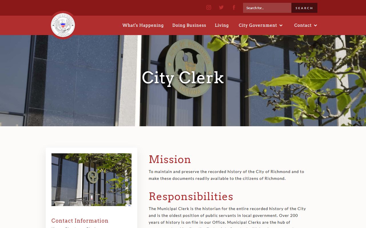 Richmond Indiana City Clerk page for unclaimed money contact information