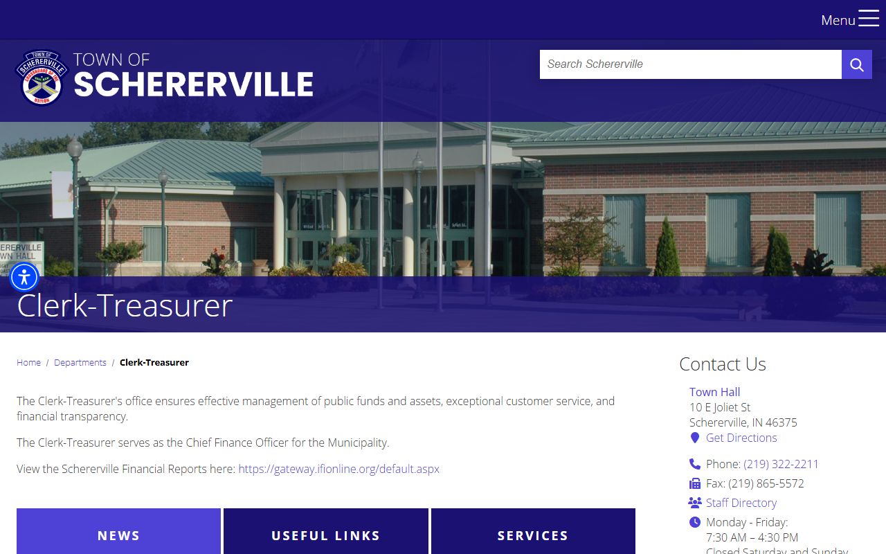 Schererville Clerk-Treasurer page for unclaimed money contact information