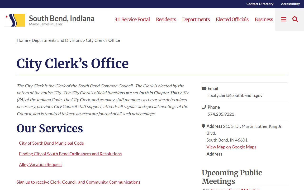 South Bend City Clerk office for South Bend unclaimed money inquiries