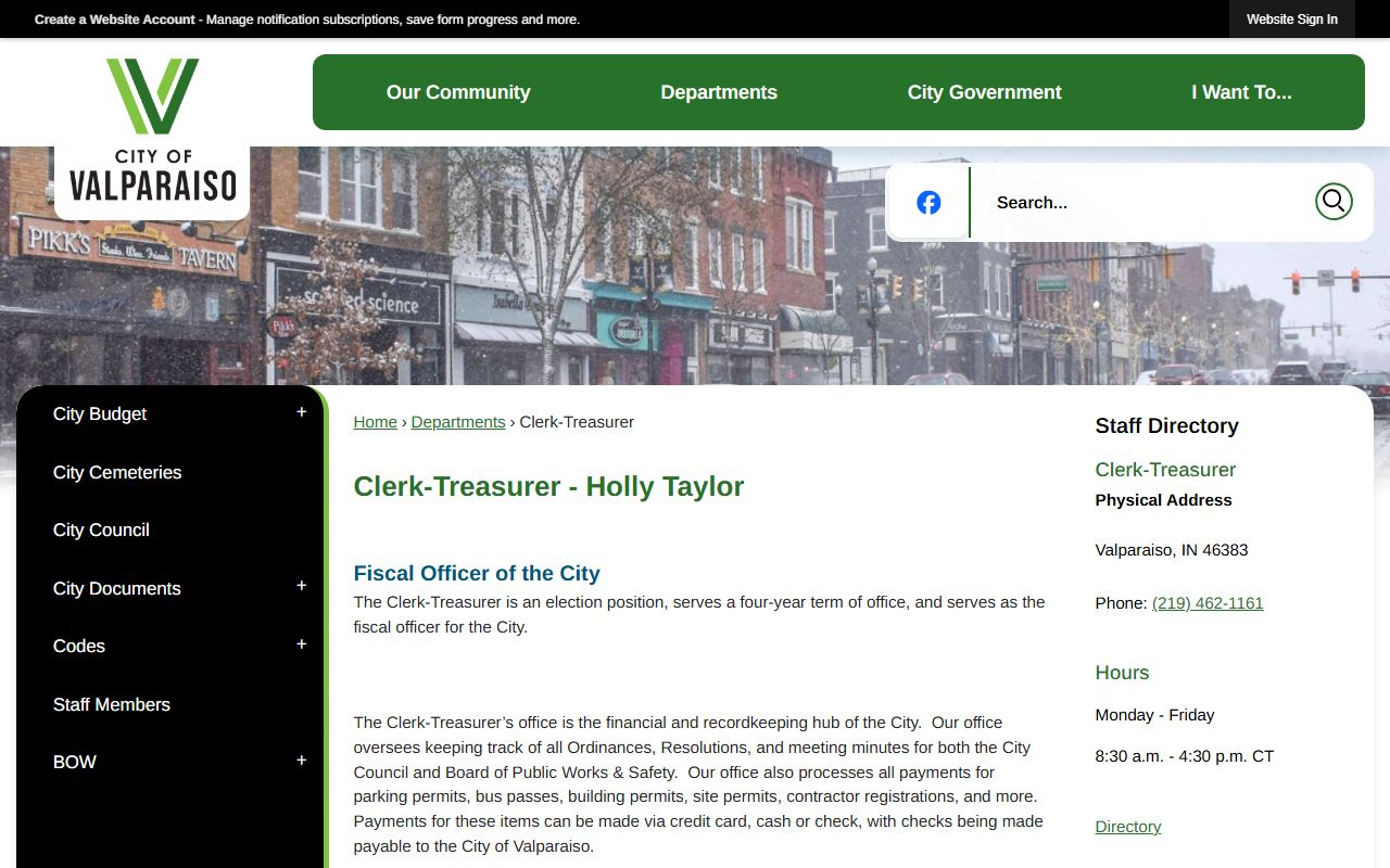 Valparaiso Clerk-Treasurer page for unclaimed money contact information