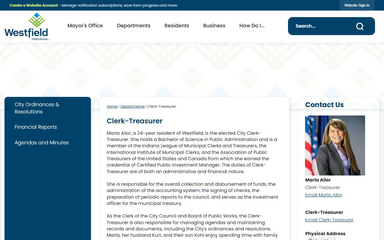 Westfield Clerk-Treasurer page for unclaimed money contact information