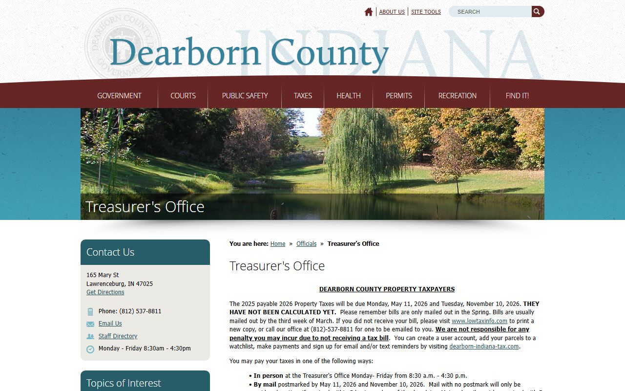 Dearborn County Treasurer office page for unclaimed money information