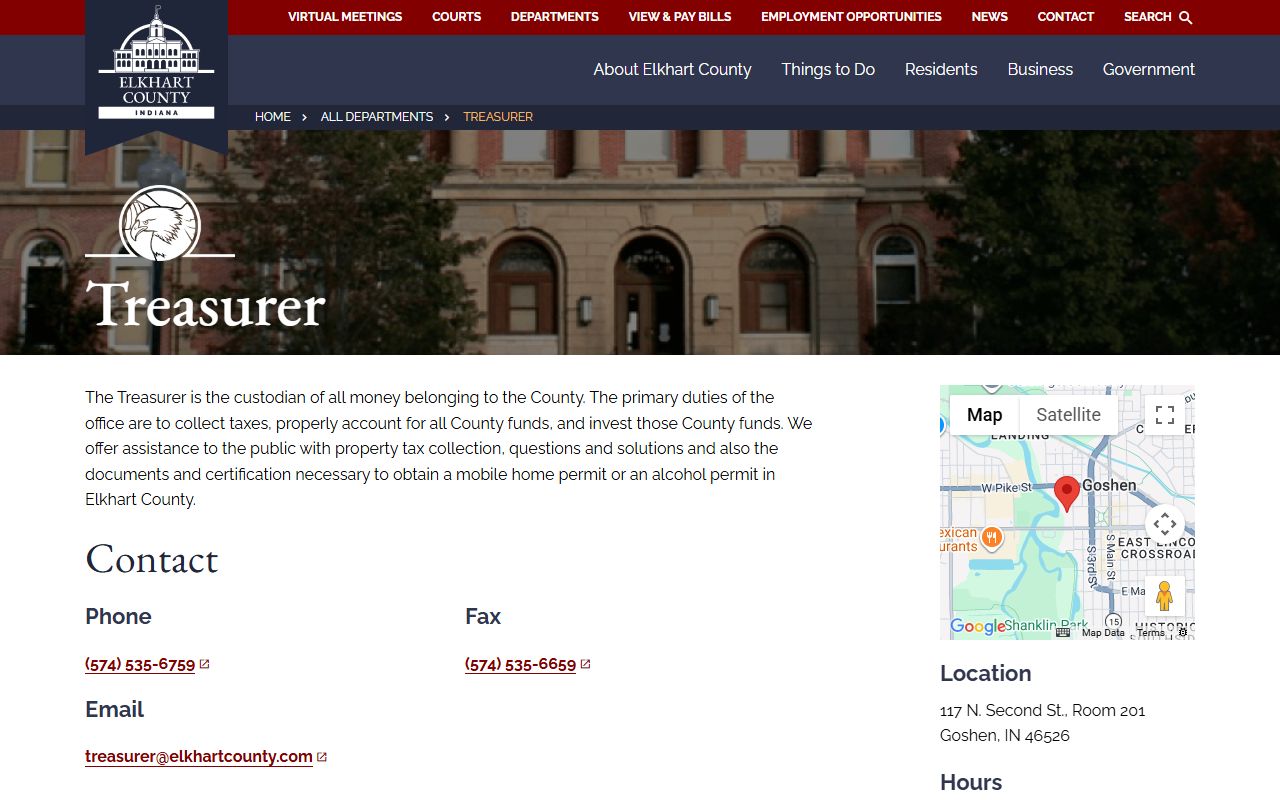 Elkhart County Treasurer department page for unclaimed money and tax information