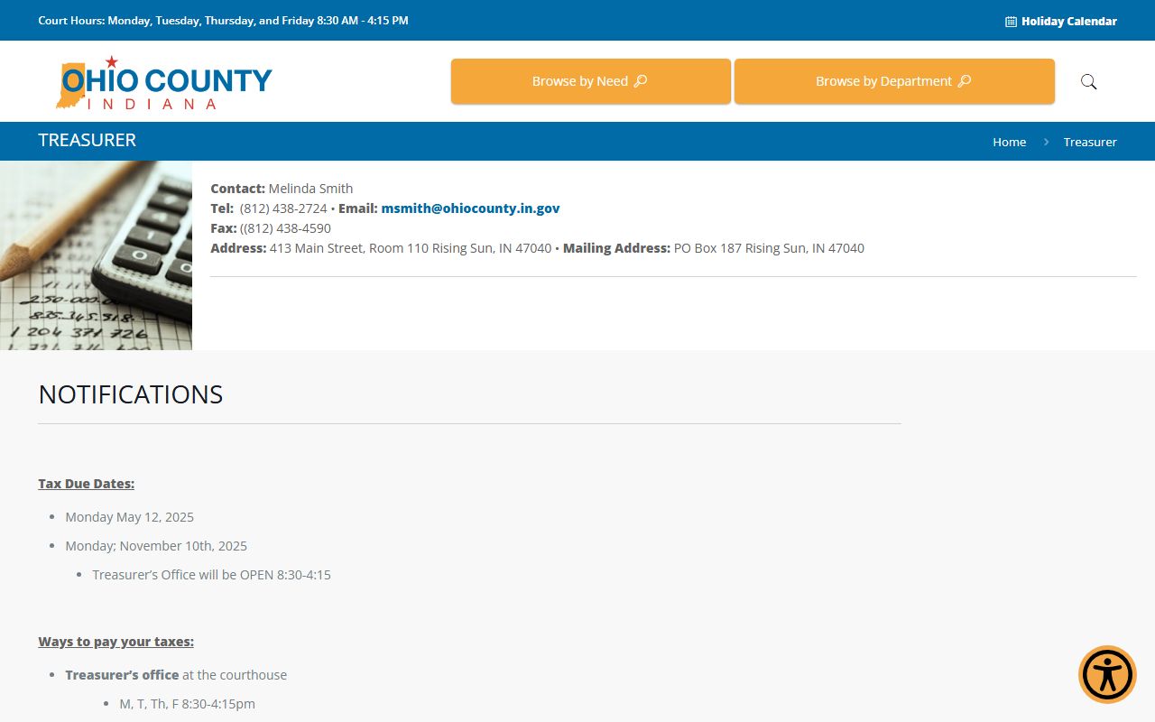Ohio County Treasurer page for local financial services and unclaimed money contacts in Rising Sun Indiana