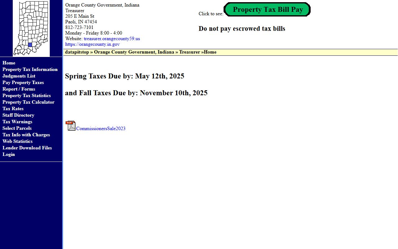 Orange County Treasurer website for local tax information and unclaimed money contacts in Paoli Indiana