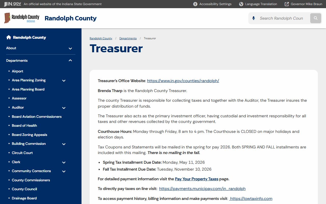 Randolph County Treasurer page for unclaimed money reference