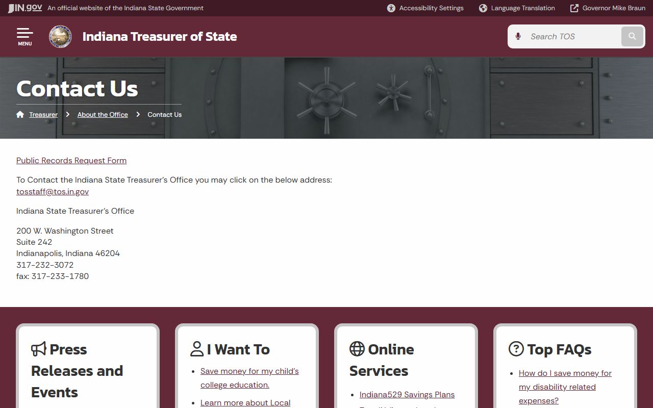 Indiana Treasurer of State contact page related to Indiana unclaimed money resources