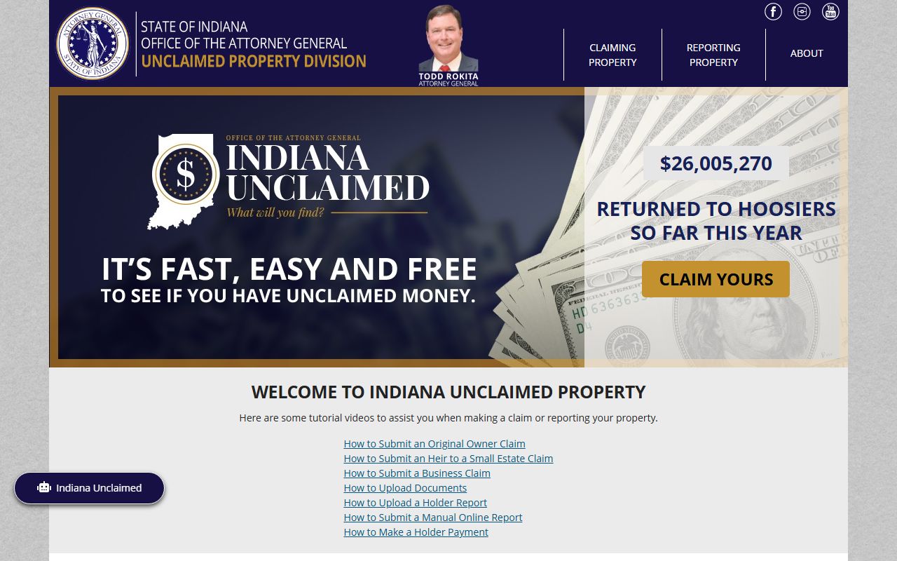 Indiana Attorney General unclaimed property database portal for searching Indiana unclaimed money
