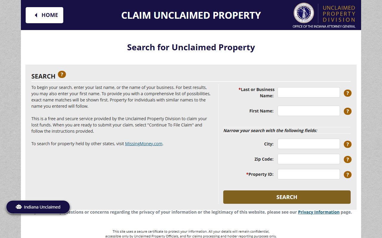 Indiana unclaimed property claim search form for finding Indiana unclaimed money by name