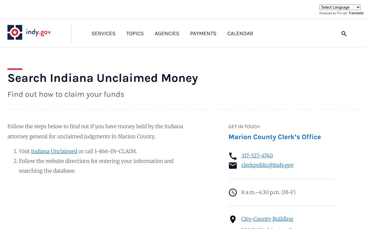 Indianapolis city page explaining how to search Marion County Indiana unclaimed money and judgments