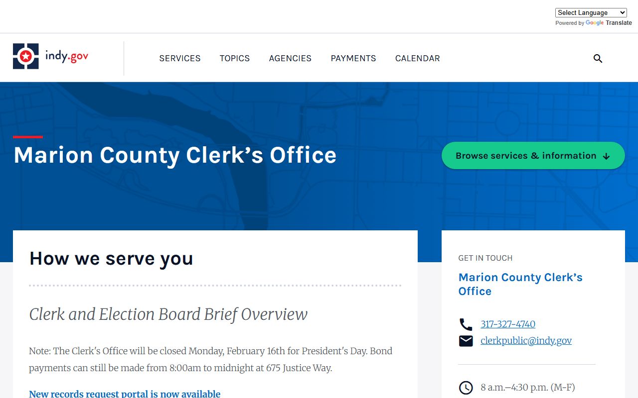 Marion County Clerk agency page on Indianapolis city site related to Indiana unclaimed money