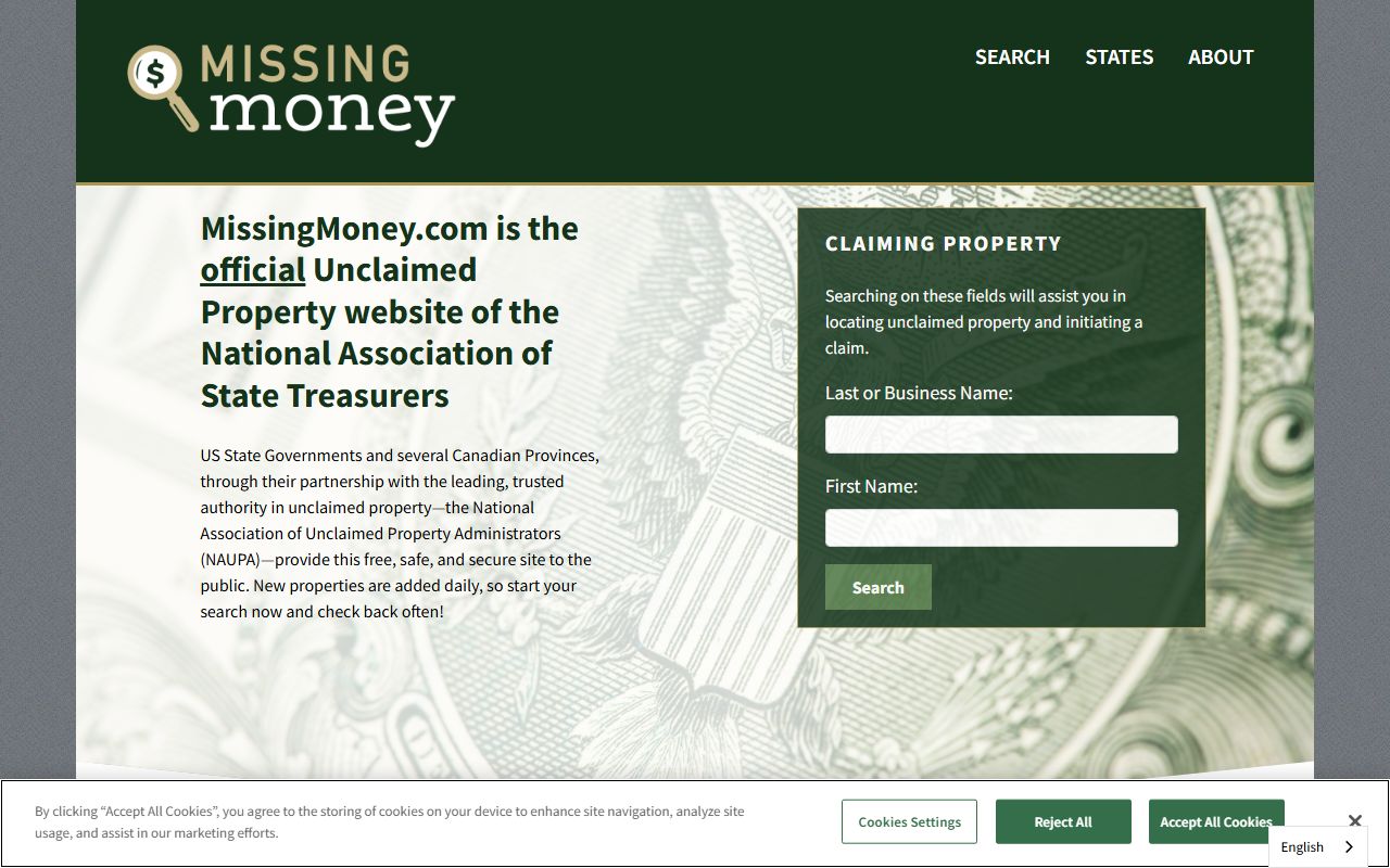 MissingMoney.com national portal for searching Indiana unclaimed money across multiple states